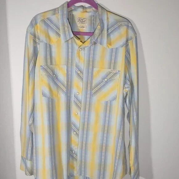 Lucky Brand Men's XXL Western Shirt Pearl Snap Long Sleeve Yellow & Blue Plaid - Picture 1 of 8
